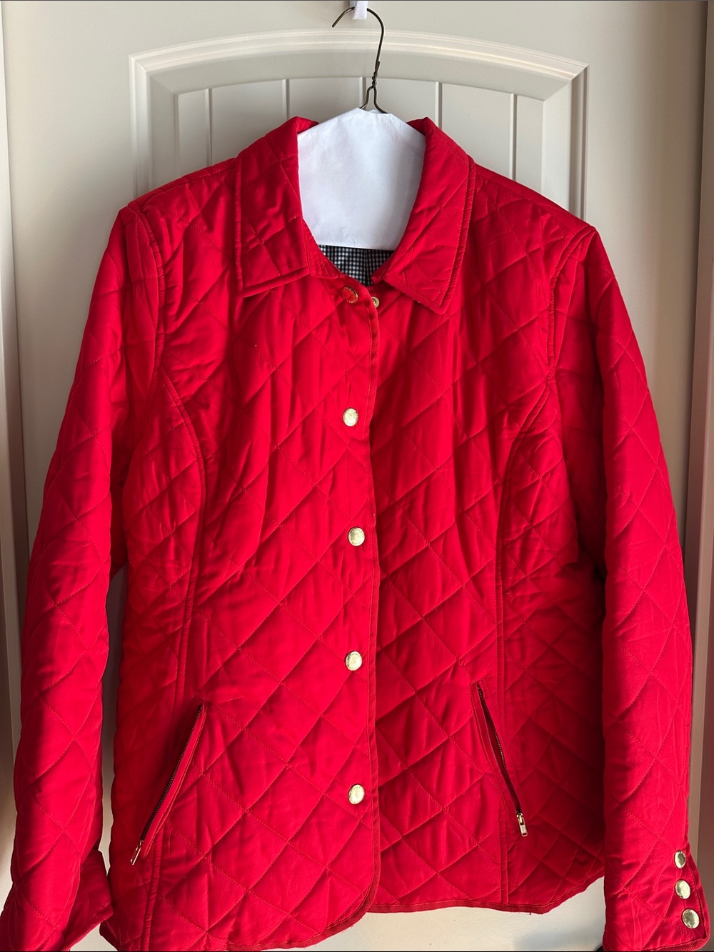 crown & ivy Quilted Red Jacket with Gold-Tone Buttons